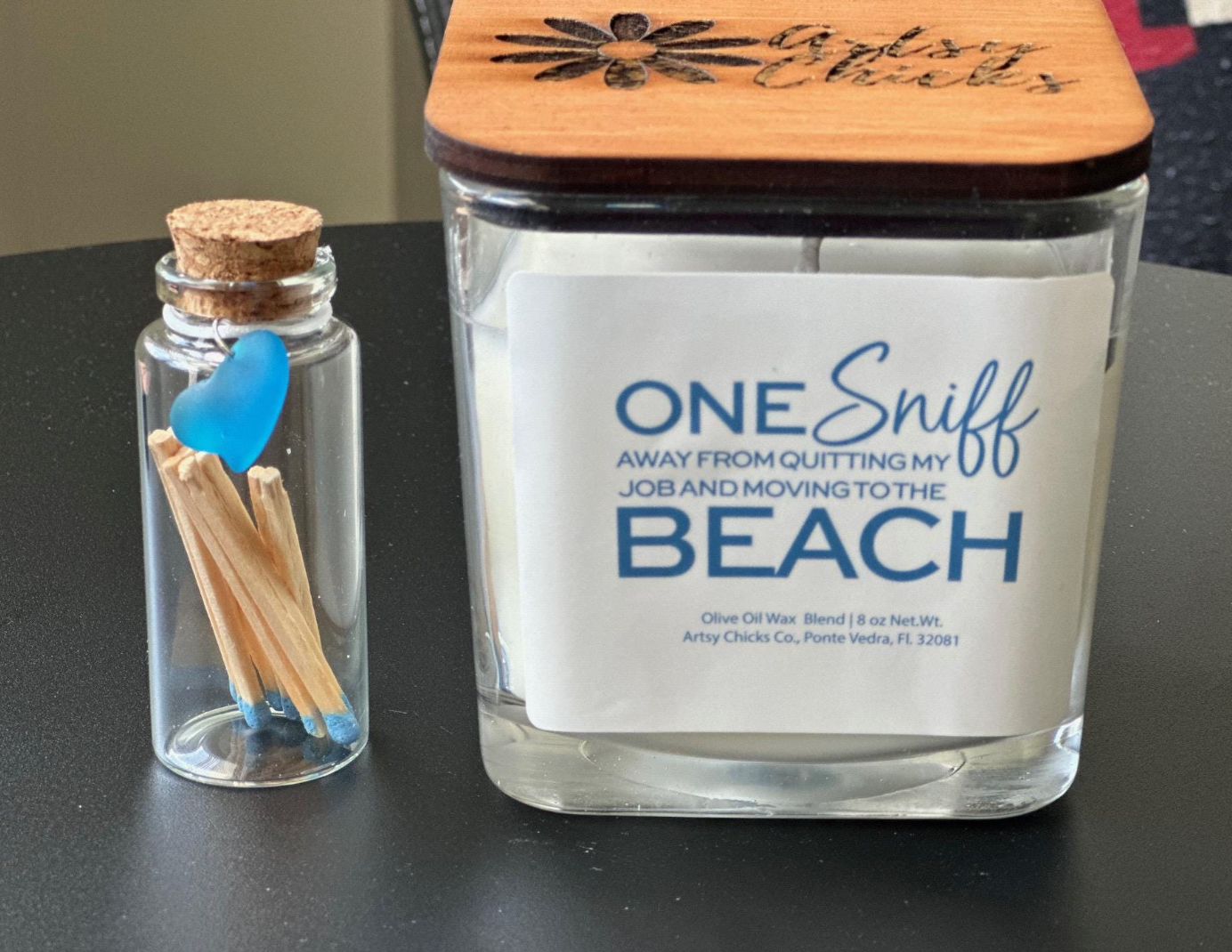 one sniff away. from quitting my job and moving to the beach soy free candle